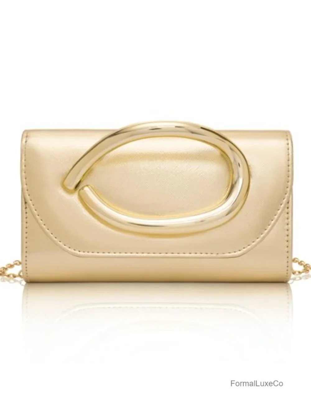 Faux Leather Evening Clutch with 3D Gold Handle and Chain for Weddings